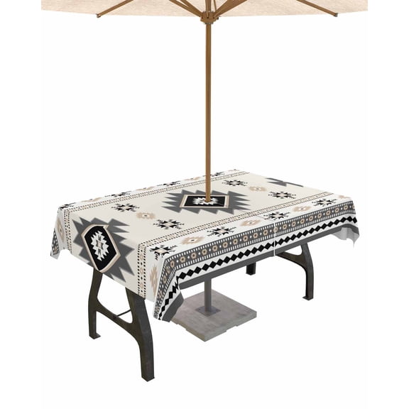 Outdoor Tablecloth with Umbrella Hole for Patio/Picnic/Party/Camping, Boho Aztec Waterproof Table Cloth Rectangle Table Cover Washable, Southwest Ethnic Geometric Farmhouse Art 54"x 80"