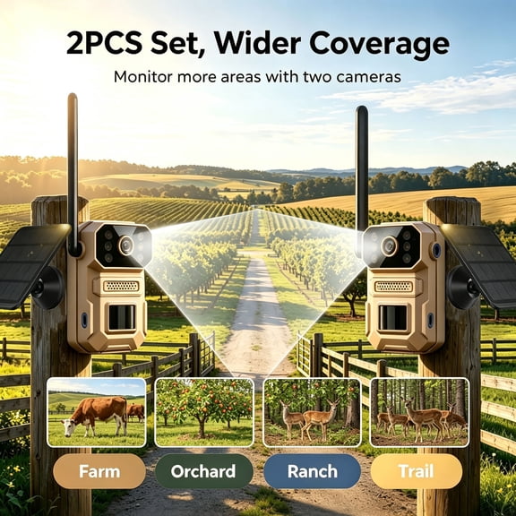 2PCS Trail Hunting Tracking Security Camera, 4G/5G Cellular Camera, 1440P 2K QHD Video 28MP Photos, 110° Wide Lens, 10W Fast Solar Panel, 6600Mah Long Battery