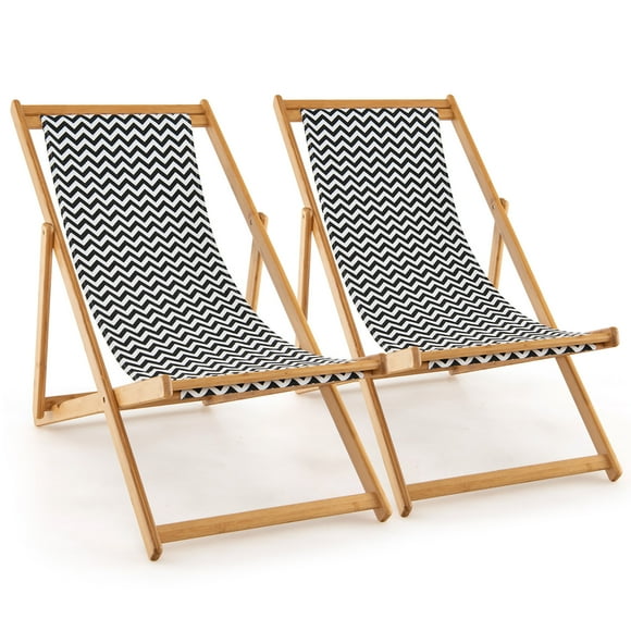 Gymax 2pcs Foldable Patio Sling Chair w/ Solid Bamboo Frame & Breathable Canvas Seat Beach