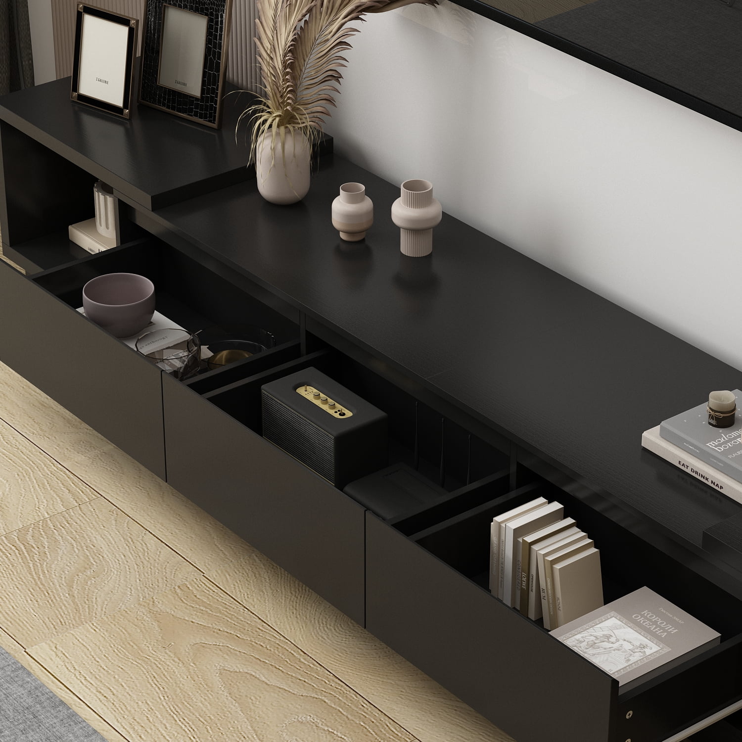 OXYLIFE 106.3 inch Extended TV Stand with Drawers, Entertainment Center for Living Room, Black