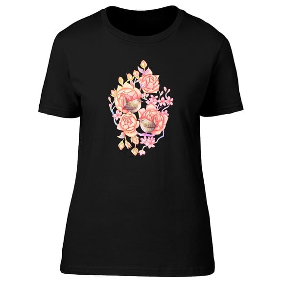 Cute Birds And Pink Roses Tee Women's -Image by Shutterstock