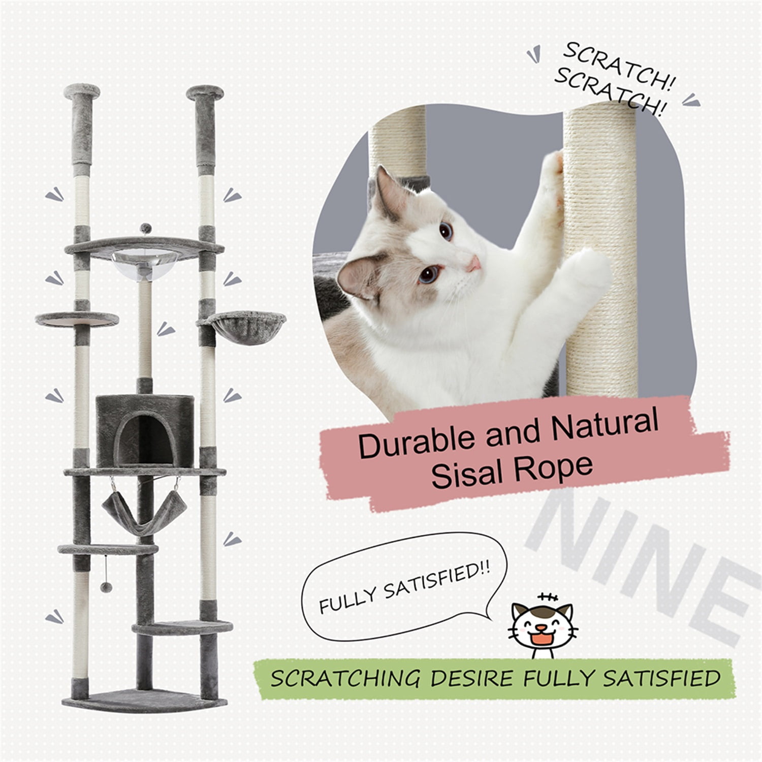 Pefilos Stable Adjustable (92-101)" Cat Tree for Indoor Cats Tall Cat Climbing Tree Cat Tower for LargeCats with Perches Multi-Level Cat Furniture Condo for Multiple Cats, Gray