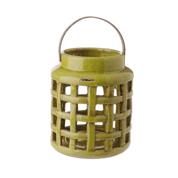 Raz 8.25" Tea Garden Caladium Leaf Green Glazed Terracotta Crackled Decorative Pillar Candle Lantern