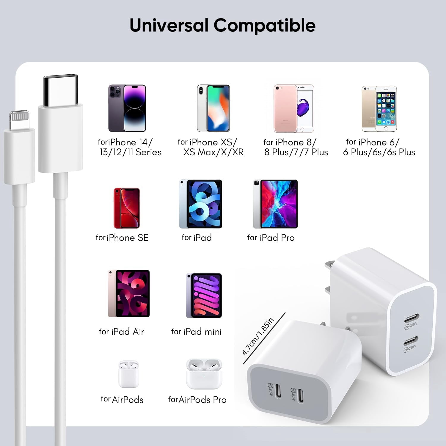 Gqohrt USB C 20W+20W Charger with Phone Charger, Dual Port USB Fast Wall Charger Block, 10FT Super Fast Charger Cable Included With phone14 13 12 11 X