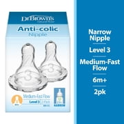 Dr. Brown's Natural Flow Level 3 Narrow Baby Bottle Silicone Nipple, Medium Flow, 3m+, 100% Silicone Bottle Nipple, 2-Pack