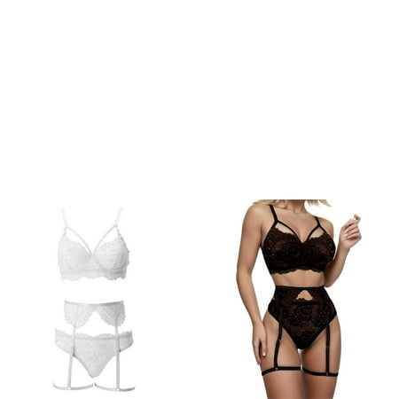 Wijhcboe 2 Pack Ring Womens Lace Lingerie Set with Garter Belt Sleepwear Sexy Pajamas Garter Bustier Lingerie Set Lace up Underwear Steel Lace Lingerie Lace Garter Belt Panties & Sheer Stockings Lin
