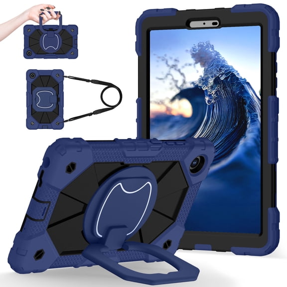 Decase Kids Case for Lenovo Tab K9/Tab One 8.7 2025,Shockproof Rotatable Stand Cover,Detachable Shoulder Strap,Rugged 3-Layer Tablet Shell with Pen Holder,Black Navy
