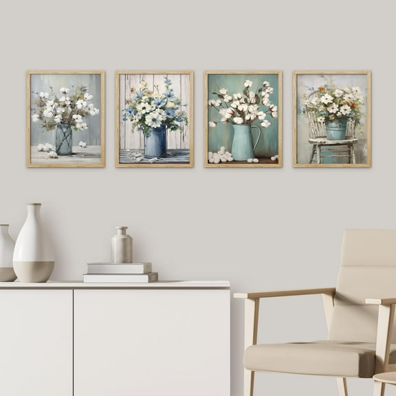 PixonSign Framed Wall Art Wildflowers in Vases Prints, Set of 4 Countryside Farm Wood Panel Paintings, Colorful Wall Décor, Floral Adhesive Canvas Posters for Home Decor - 11"x14" Natural