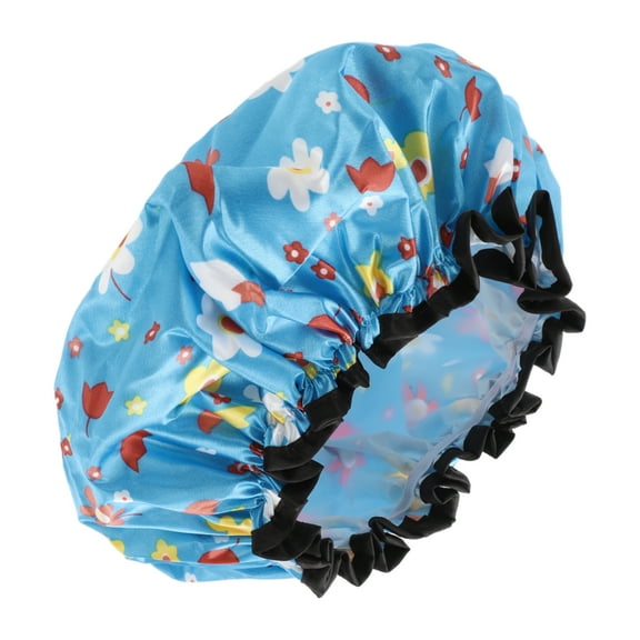 1 Pc Women Double Layer Small Flowers Shower Cap for Bathroom Vacation Blue Satin PEVA