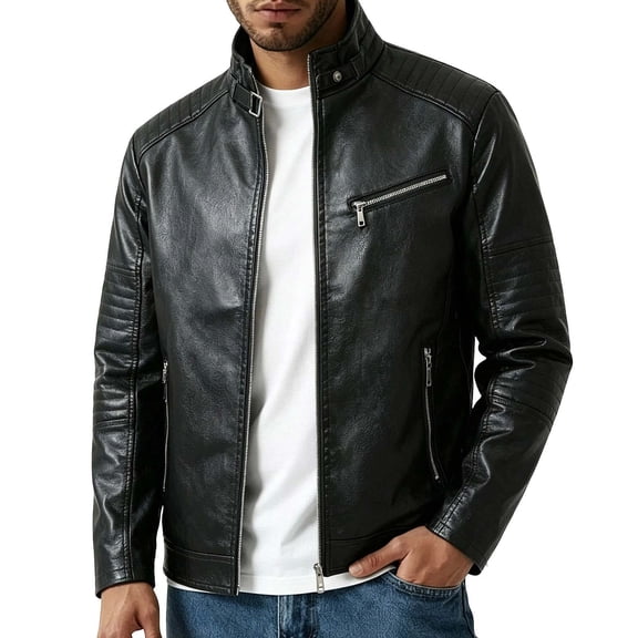 WIZUTIZ Men's Leather Jacket Solid Color Motorcycle Vintage Zipper Pocket Long Sleeve Hoodless PU Coat for Winter Casual Daily Outdoor Mens Fashion