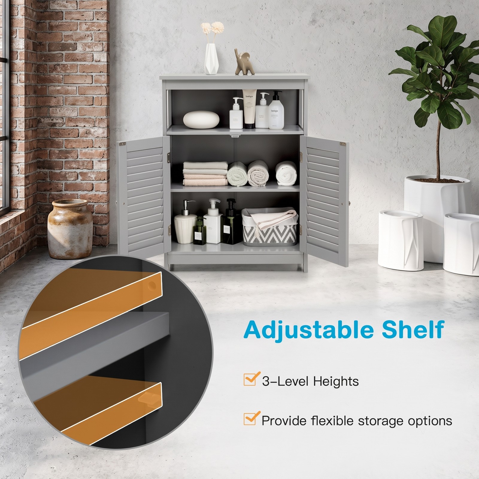 Fenbeli Wood Freestanding Bathroom Storage Cabinet with Double Shutter Doors, Adjustable Shelf, Anti-Tipping Floor Organizer for Bathroom Living Room Bedroom, Gray
