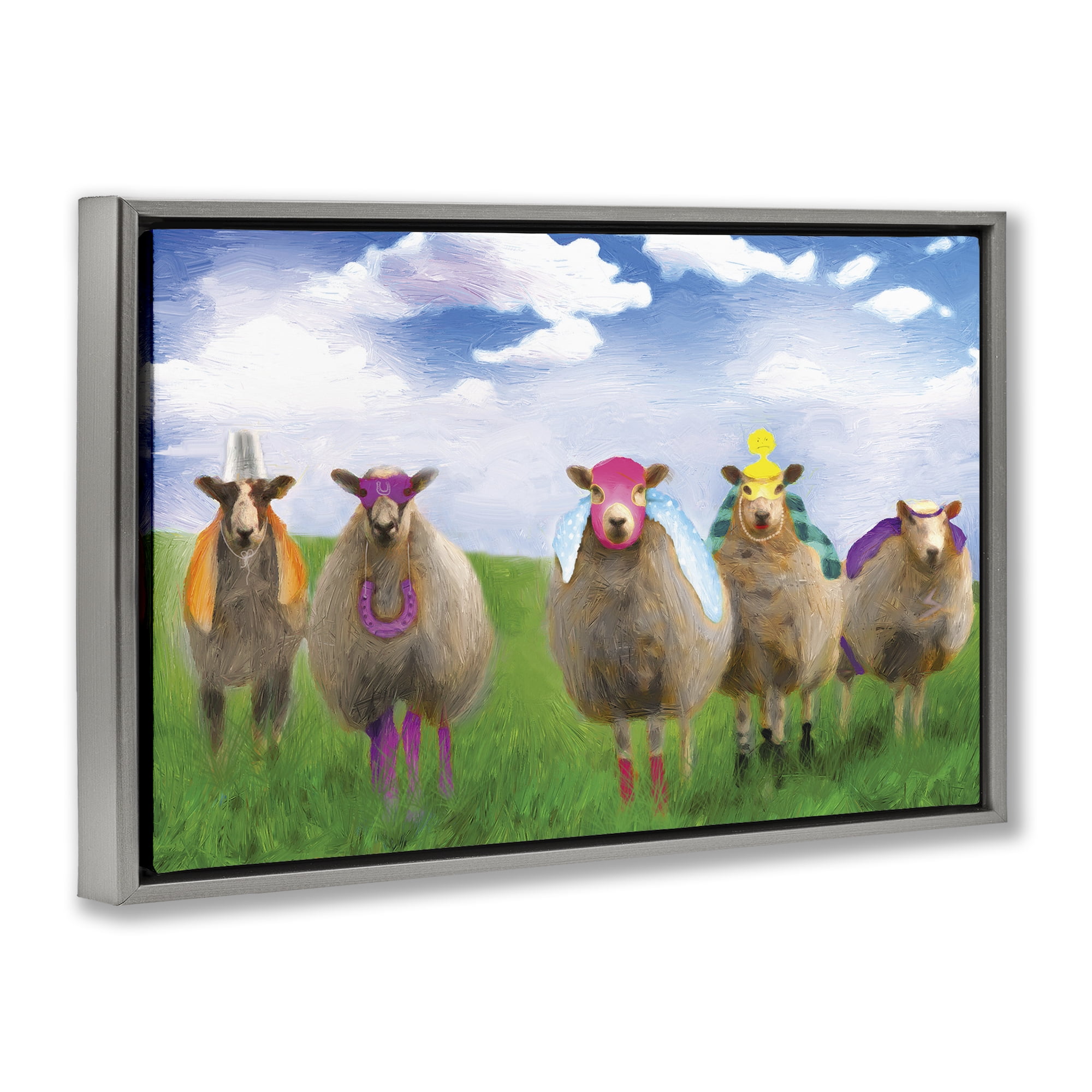 Stupell Industries Superhero Sheep in Field Animals & Insects Painting Gray Floater Framed Canvas Art Print Wall Art, 31 x 21