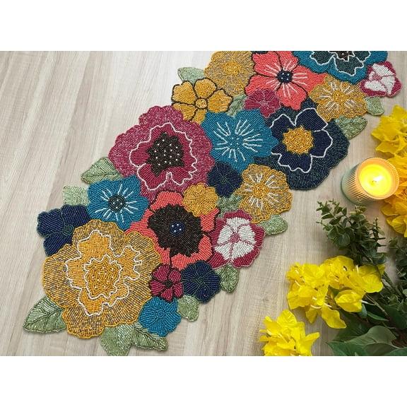 Handmade table runner, floral spring beaded table runner, 13x36inch