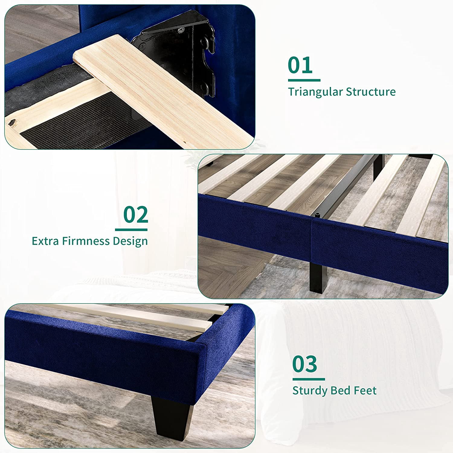 Dextrus Upholstered Wingback Platform Bed with Navy Blue Headboard,  No Box Spring Needed(Queen)