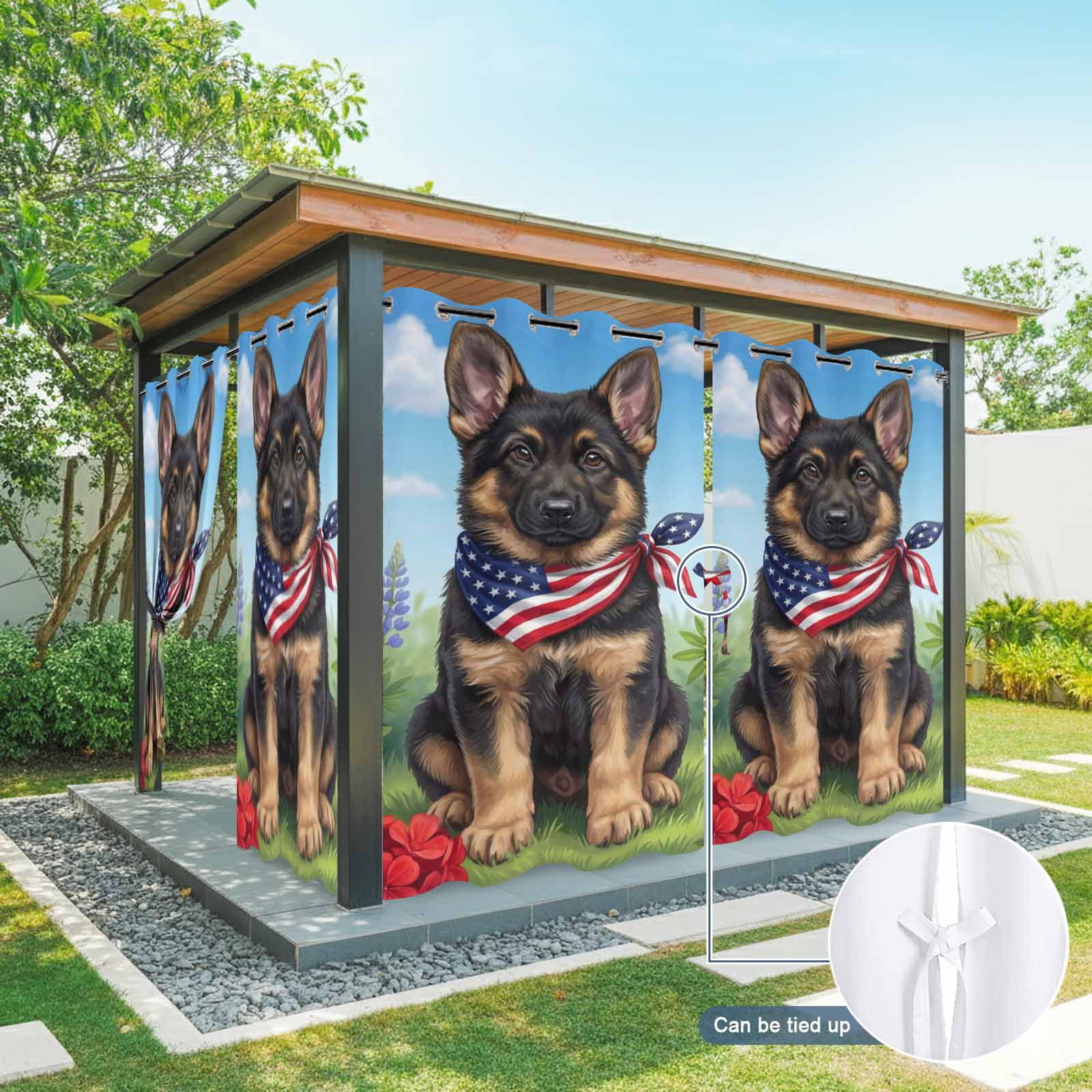 Independence Day Outdoor Curtains for Patio, American Flag Cute Dog Puppy Colorful Flowers Sunshade Privacy Drapes Grommet Waterproof Outside Curtains for Porch/Cabana/Balcony 54"x 108", 1 Panel