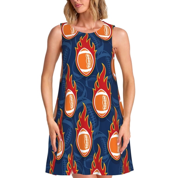 Balery American Football and Fire Flames Vestidos de verano para mujer con estampado: vestido holgado sin mangas, vestido playero informal y cómodo para días calurosos.