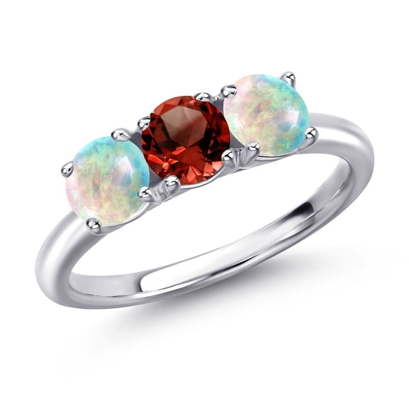 Gem Stone King 925 Sterling Silver Red Garnet and Simulated White Opal Engagement Ring for Women | 1.55 Cttw | Round 5MM | Gemstone January Birthstone | Size 5