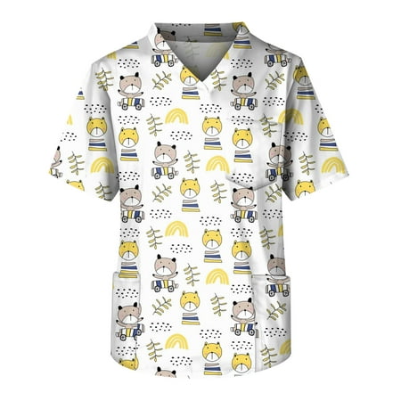 

Mlqidk Scrub Tops for Men Pockets Plus Size V-Neck Short Sleeve Animal Printed Nurse Uniform with Pockets Tshirt Scrub Tops Yellow XXXXL