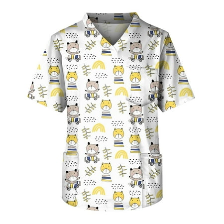 

Mlqidk Scrub Tops for Men Pockets Plus Size V-Neck Short Sleeve Animal Printed Nurse Uniform with Pockets Tshirt Scrub Tops Yellow XXXXL