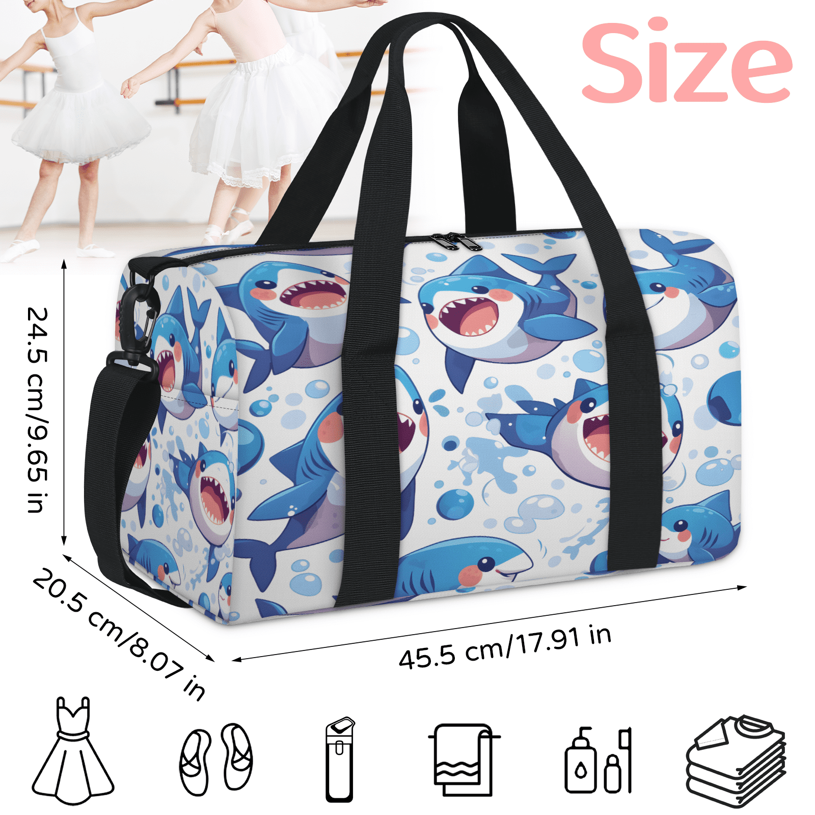 Herdesigns Cute Shark Gym Bag for Women, Duffle Bag for Travel Sport, Nautical Lightweight Waterproof Carry on Weekender Dance Yoga Workout Bags