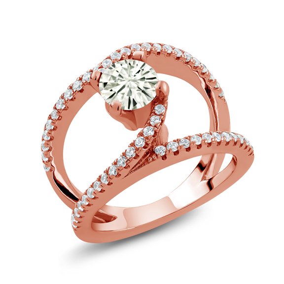 Gem Stone King 18K Rose Gold Plated Silver Ring Round 1.38cttw Moissanite (Size 5)