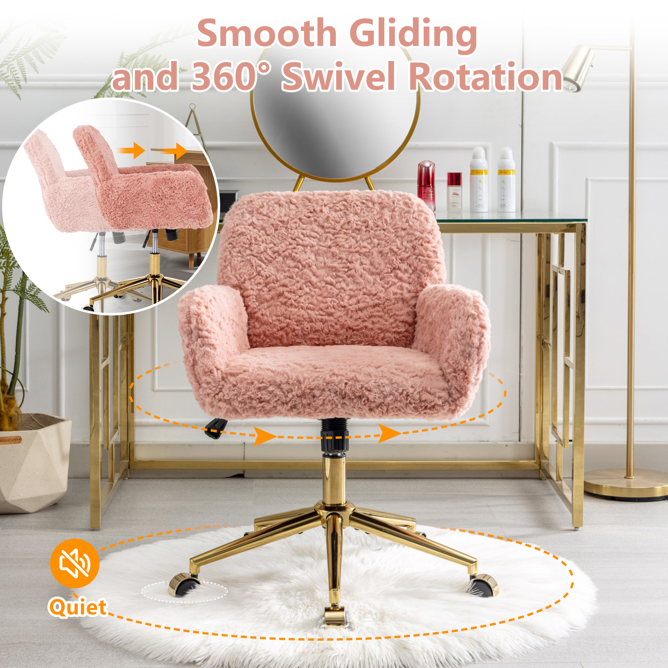 PAPROOS Vanity Chair with Back, Home Office Chair, Ergonomic Home Desk Chair with Artificial Rabbit Hair, Adjustable Swivel Task Computer Chair with Arm, Wheels, Pink