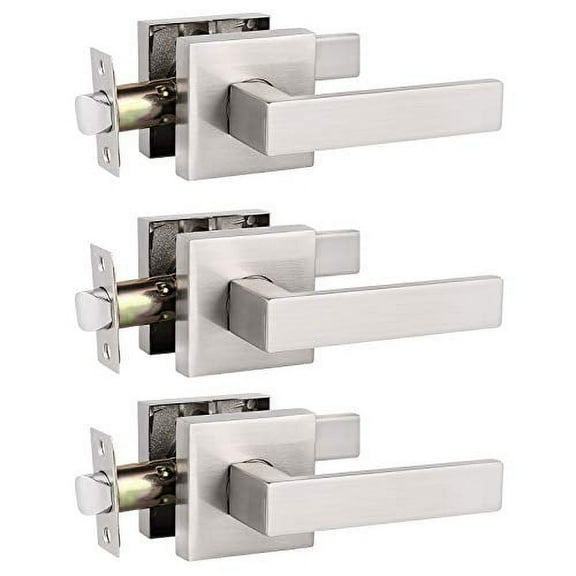 3 Pack Probrico Square Door Lever Door Lock Handle Lockset Keyless Doorknobs Passage Knobs Lockset Interior Hallway Passage Closet in Satin Nickel