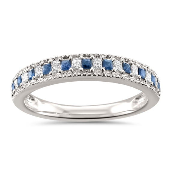 1/3 Carat Princess-Cut Blue Sapphire And Diamond Wedding Band In 14K White Gold (Color - H-I) (Clarity - SI2-I1)