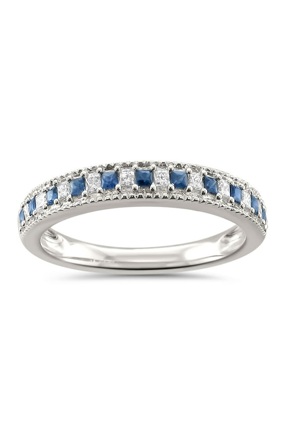 1/3 Carat Princess-Cut Blue Sapphire And Diamond Wedding Band In 14K White Gold (Color - H-I) (Clarity - SI2-I1)