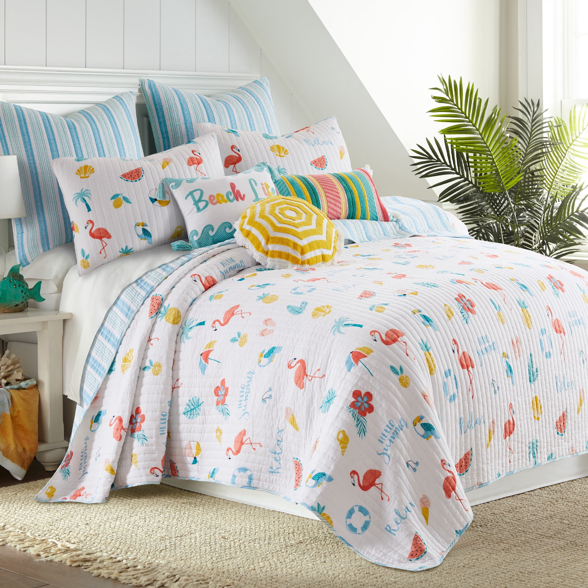 Levtex Home - Summertime Quilt Set - King Quilt and Two King Shams - Coastal Beach - Teal, Coral, Yellow, Blue and White - Quilt (106x92in.) and Shams (20x36in.) - Reversible - Cotton