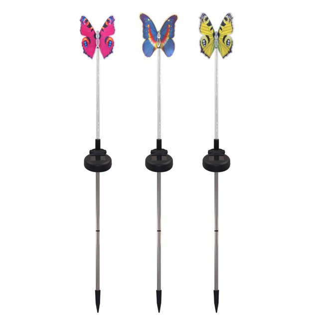 Lámparas solares con diseño de mariposa para jardín, 3 piezas, LEDs multicolor, resistentes al agua IP44, perfectas para decorar caminos y áreas verdes.