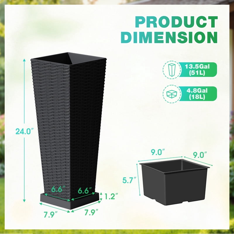Devoko 24" Tall Planters for Outdoor Plants Set of 2, Woven-Textured Outdoor Plant Pots with Trays for Patio, Front Porch