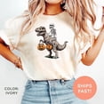 thumbnail image 3 of Halloween Skeleton Riding Dinosaur Mummy Trex Pumpkin Funny T-Shirt, 3 of 7