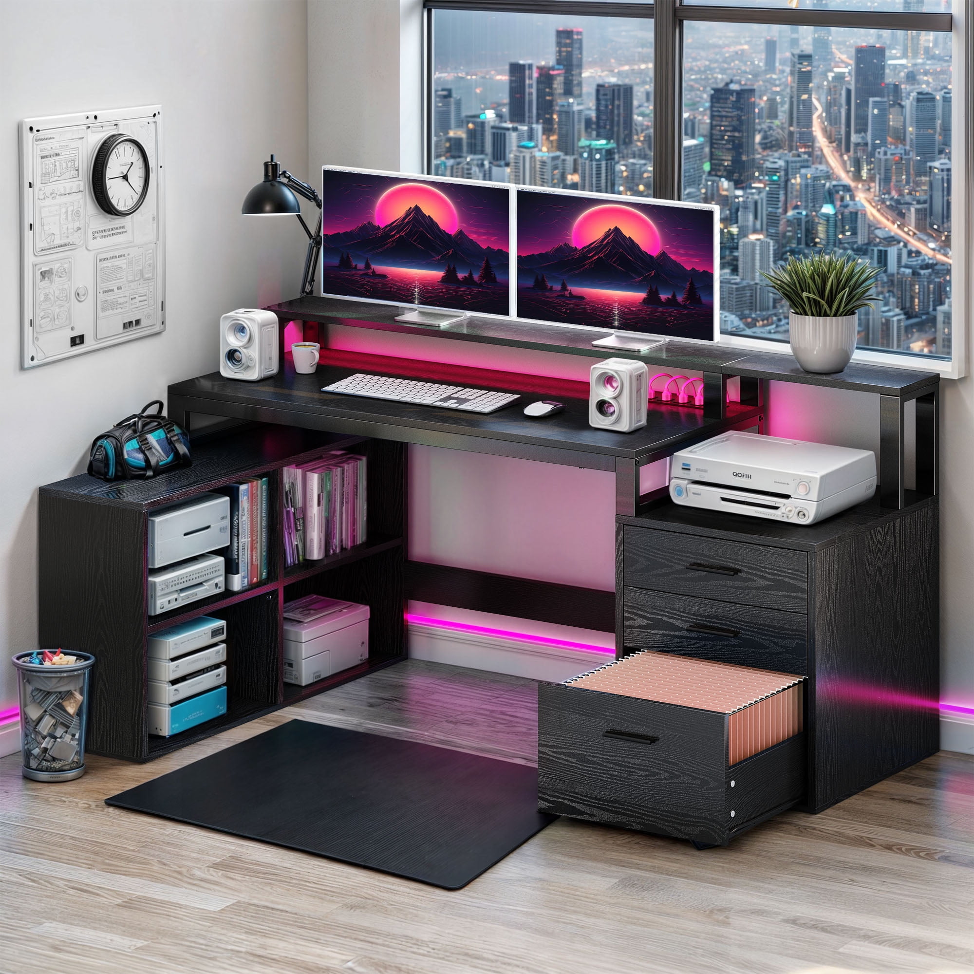 ModFusion 65" Home Office Desk with 3 Drawers & 4 Storage Shelves, L-Shaped Computer Desk with Power Outlets, LED Lights & Printer Stand, Black