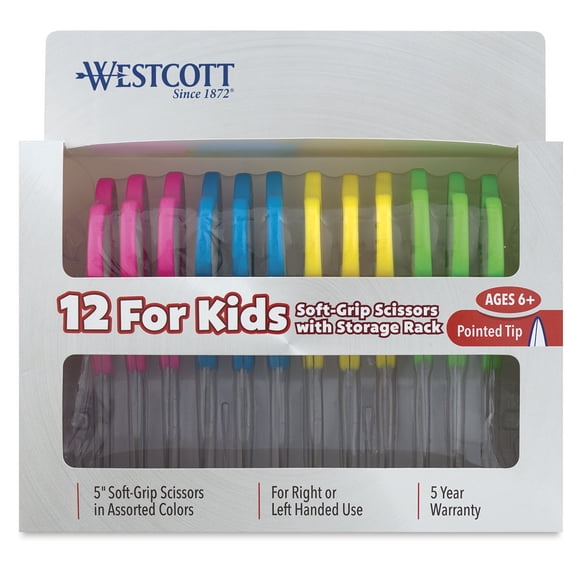 Westcott Soft Handle 5" Kids Scissors Classroom Pack, Pointed, Pack of 12