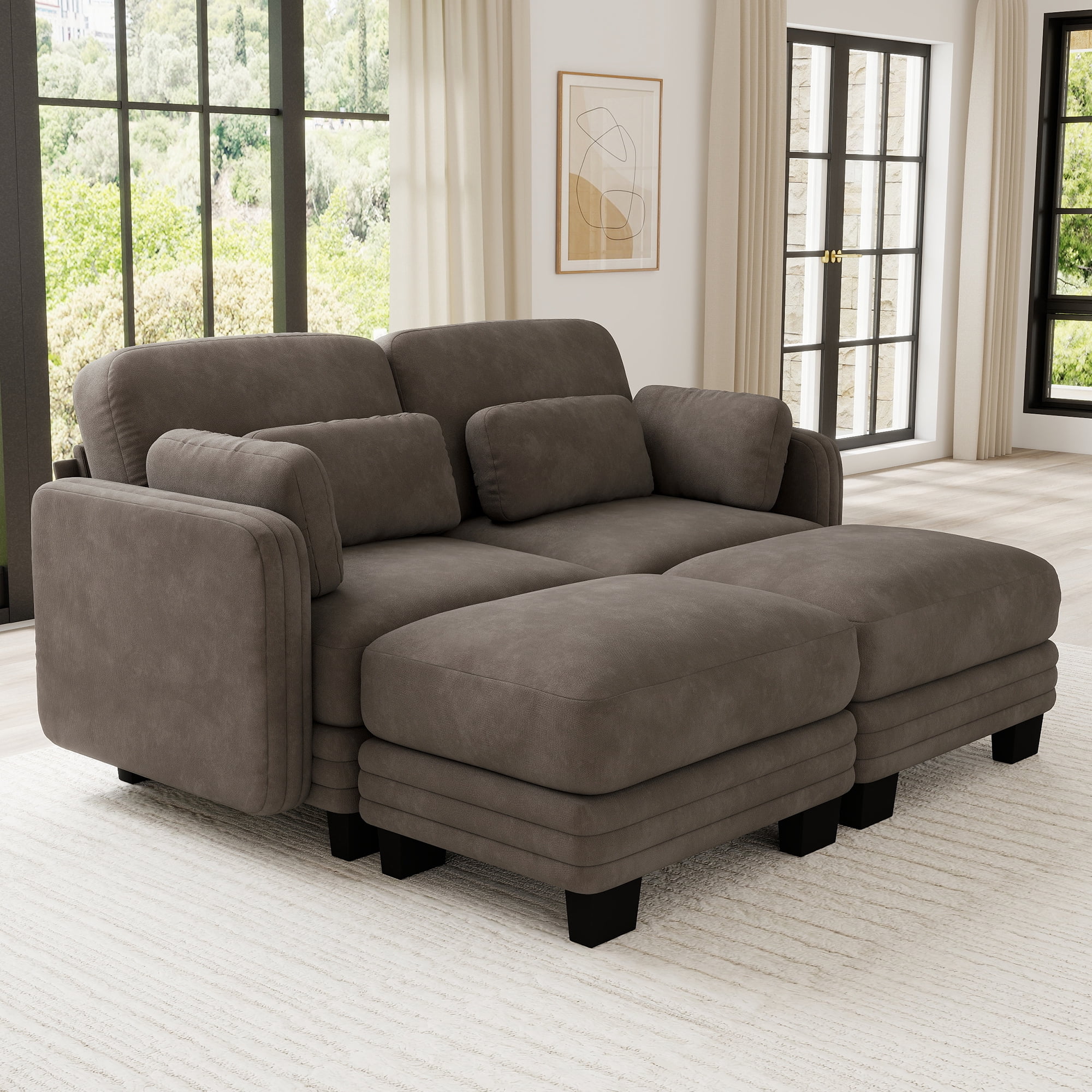70" Modern Modular 2 Seater Loveseat Sofa Couch with 2 Ottoman and 4 Pillows