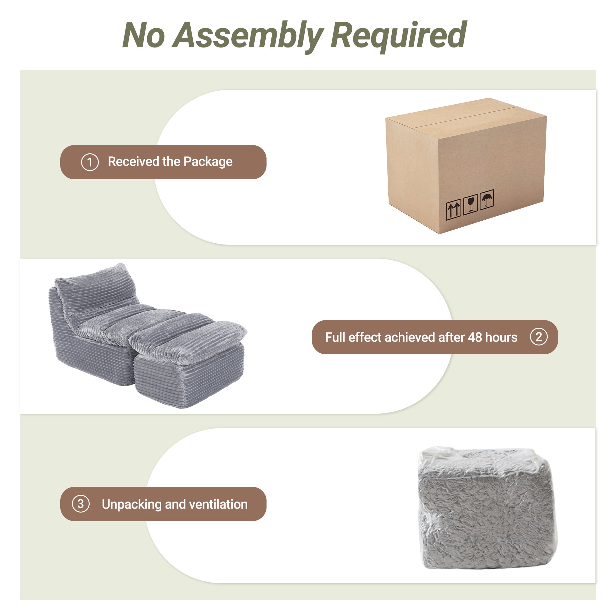 EOP Big Bean Bag Lounger Chairs Set of 2, Chaise Lounge Chairs Indoor, Comfy Upholstered Sleeper Sofa Beds with Compressed Memory Foam, No Assembly Required, Gray