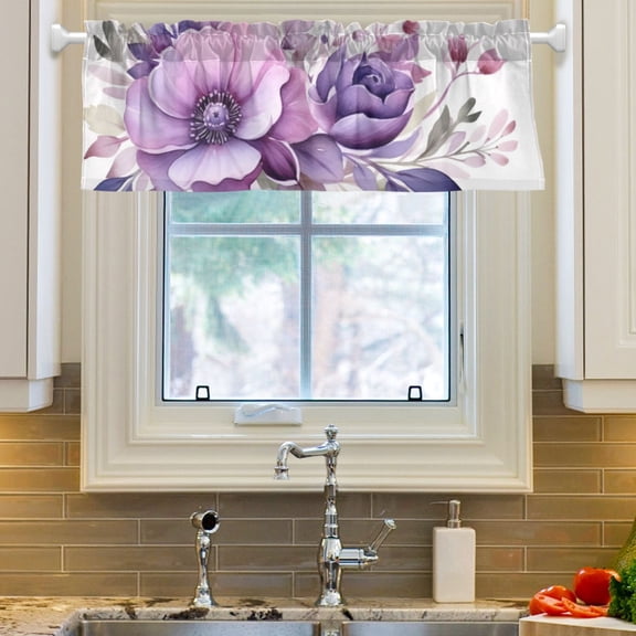 Ryvnso Flowers Purple Window Valance Kitchen Farmhouse Rod Pocket Short Curtain 54x18 inch