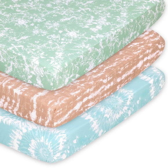 Sábanas Ajustables The Peanutshell para Mini Cuna, Cuna Portátil o Pack n Play para Bebé Niña, Boho Tie Dye, Juego de 3