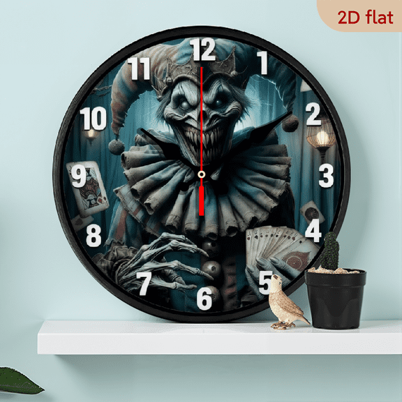 A 10-inch 2D flat "Scary Clown" theme wooden circular wall clock, suitable for decoration in bedrooms, living rooms and offices. It is an ideal gift for Christmas and New Year.