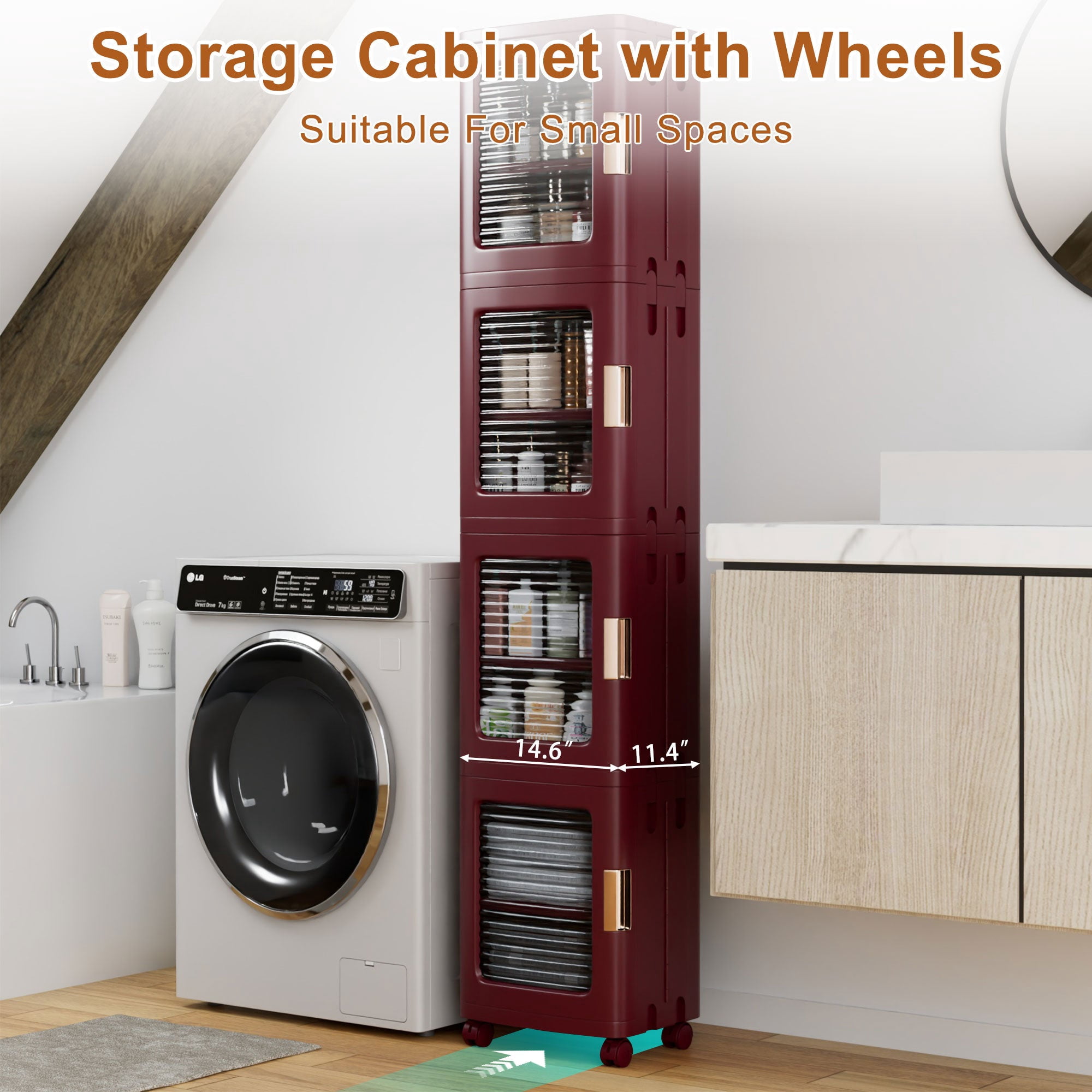 VECELO 4-Tier Slim Storage Cabinet with Wheels, Folding Stackable Box Organizer with Adjustable Shelves and Anti-Tip Design, Red, Large