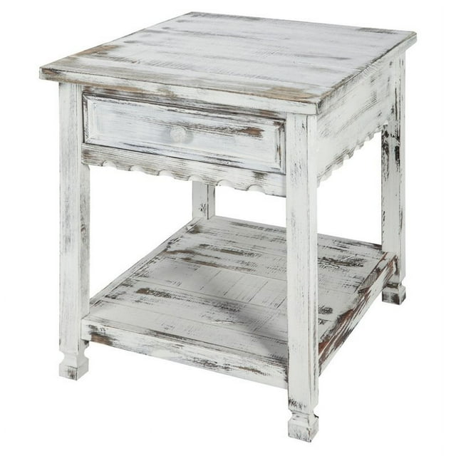 Alaterre Furniture Country Cottage End Table in Rustic White Antique Finish