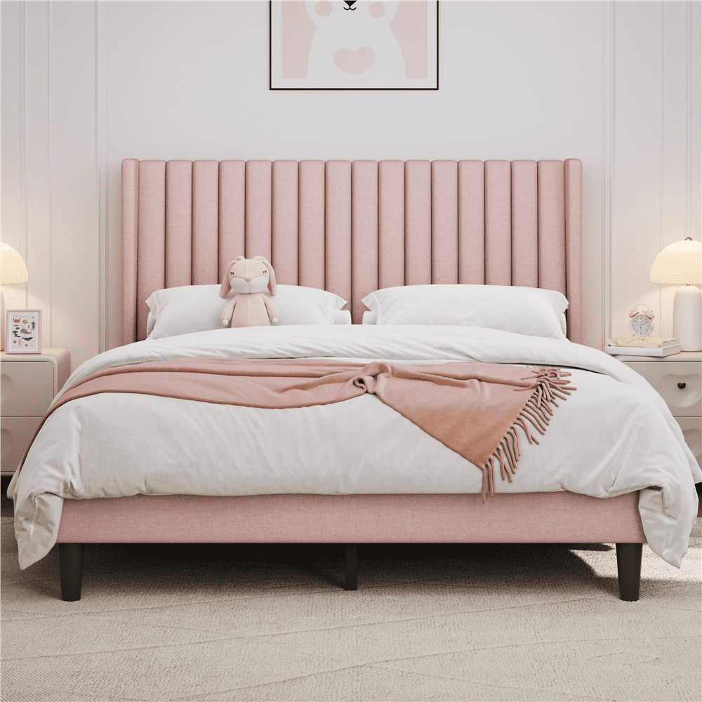 Renwick Upholstered Platform Bed Frame with Channel Tufted Headboard, Queen, Pink