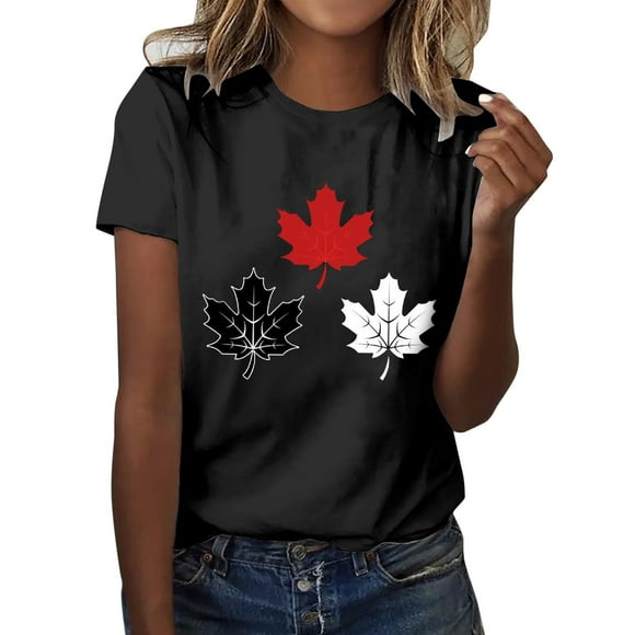 Femmes Chemise Athlétique à Manches Longues Chemises de Jour Femmes Drapeau du Canada Tshirt Graphique Feuille d'Érable Canadienne Courte Adulte Vêtements Féminins Noir Taille XL