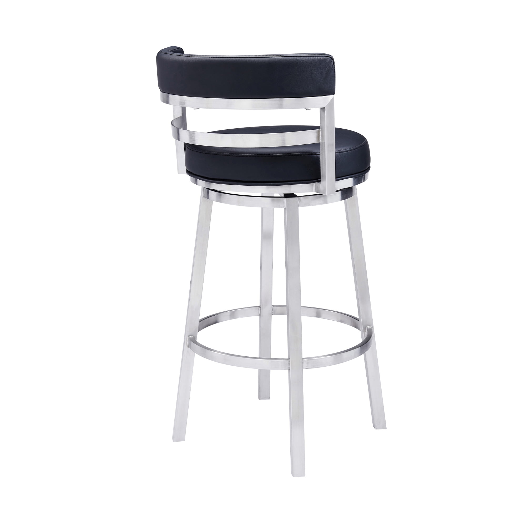 Armen Living Madrid 30" Seat Height Swivel Modern Black Faux Leather and Brushed Stainless Steel Bar Stool for Kitchen Island Counter, Set of 2