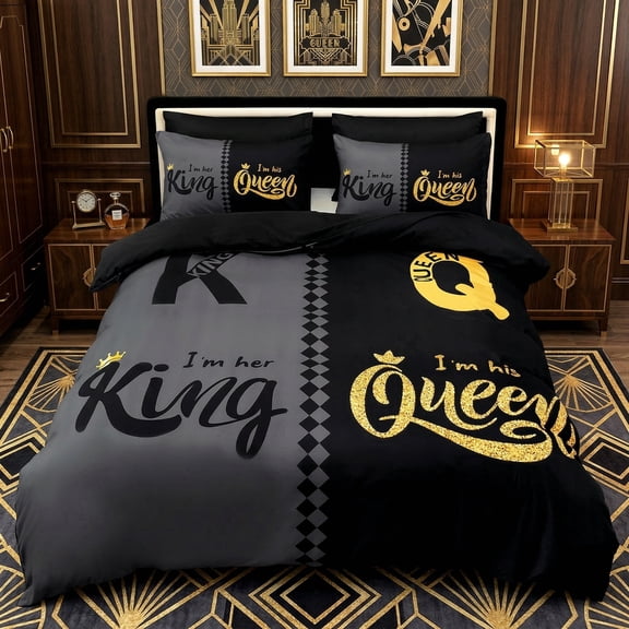 3PCS Super Soft Breathable Crown King And Queen Letter Duvet Cover Set (1 Duvet Cover 2 Pillowcases Without Pillow Core)