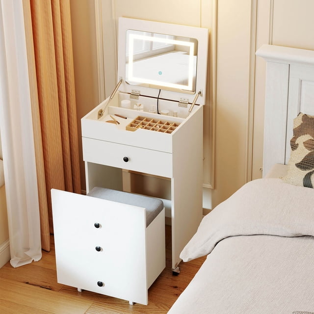 Costway Ensemble Coiffeuse 3-en-1 Petit avec Miroir à Rabat, Lumières, Tiroirs, Tabouret de Rangement Blanc