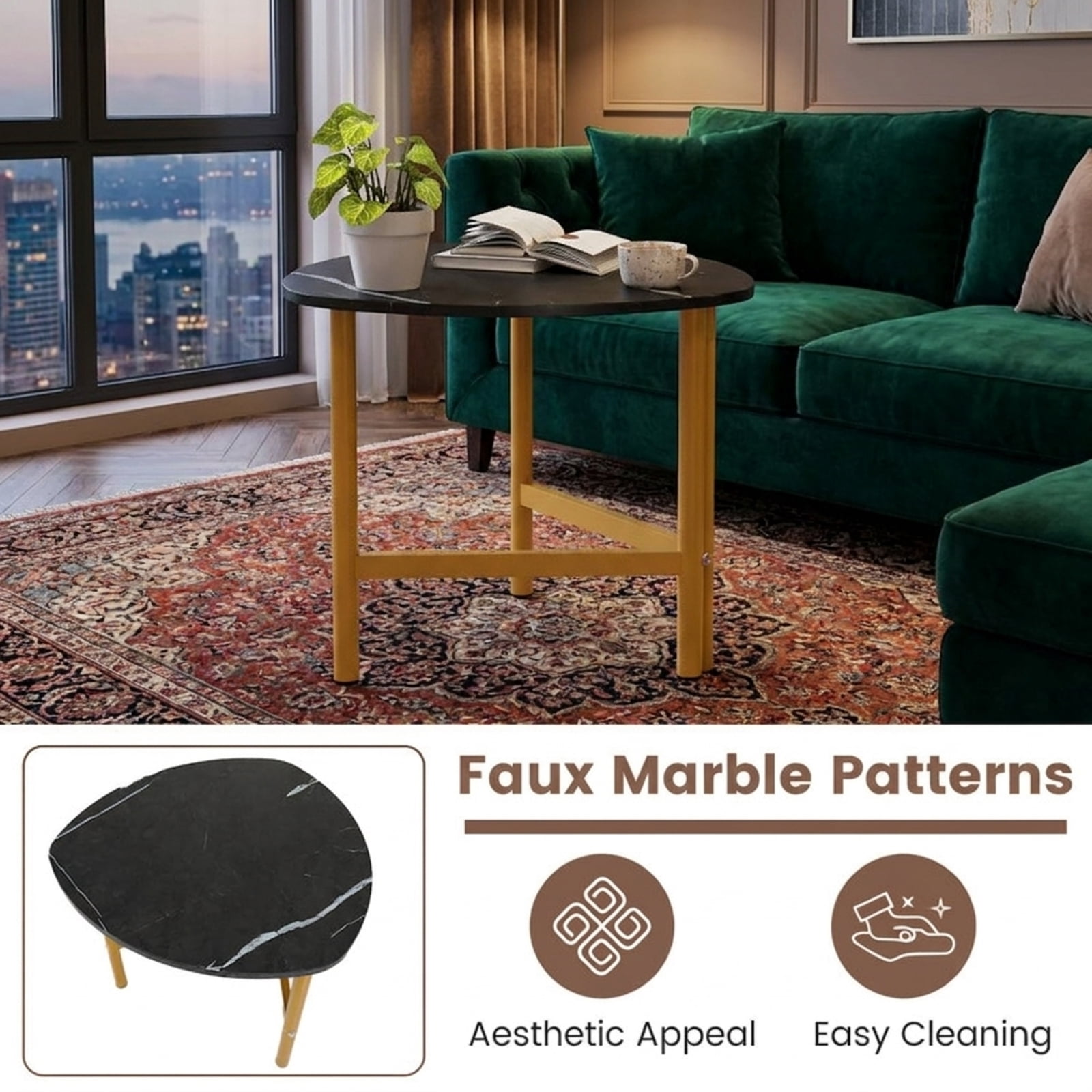 Furnibear Triangle Coffee Table Oval Coffee Table with Metal Legs Industrial Center Table - Black - Living Room Center Table