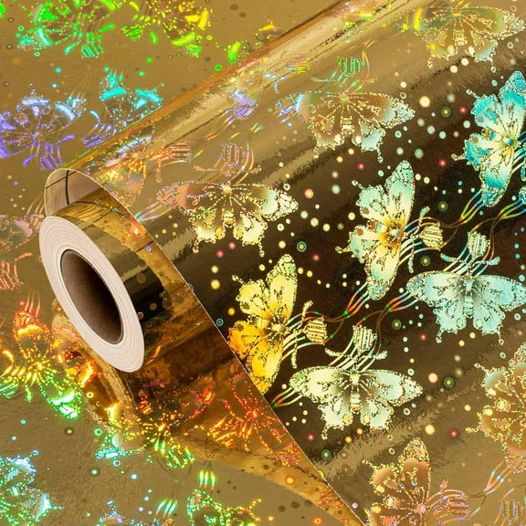 Holographic Wrapping Paper, Gold Butterfly Thick Iridescent Gift Wrap Paper Roll for Birthday, Wedding Shower, Holiday, All Occasion - 17 Inches x 32.8 Feet
