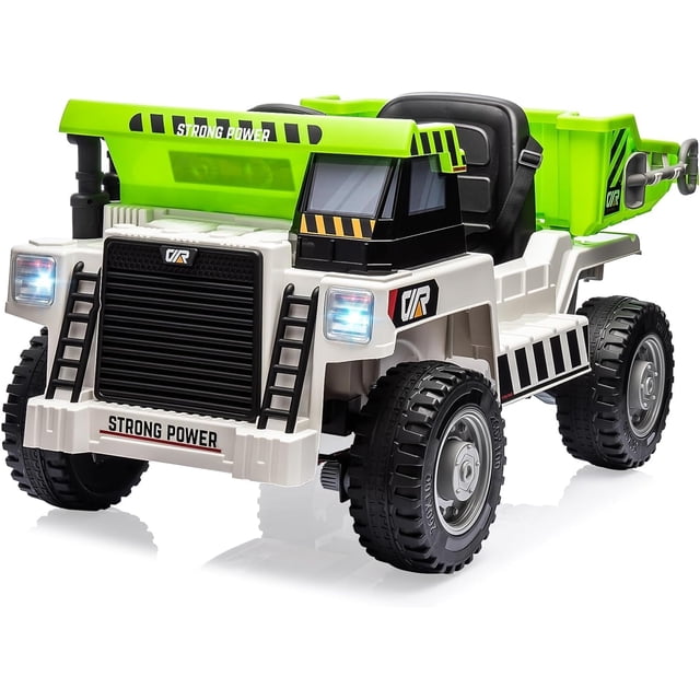 Camión volquete para montar, coche eléctrico para niños 12V con control remoto, vehículo de construcción con caja volquete eléctrica y pala extra, reproductor de música (blanco-verde)